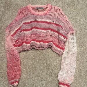 Kimchi Blue Pink & Cream Striped Cropped Open-Knit Sweater